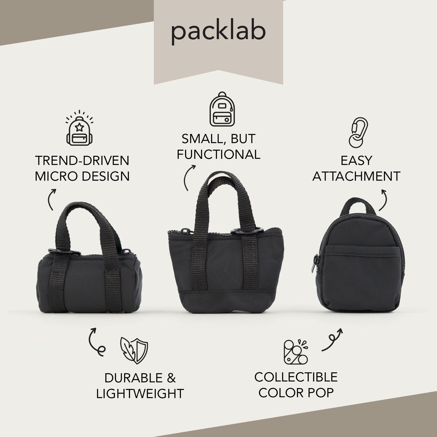 packlab Micro Nano Duffel Keychain - Black Mini Duffel Bag Coin Purse for Lip Balm, Earbuds & Everyday Essentials