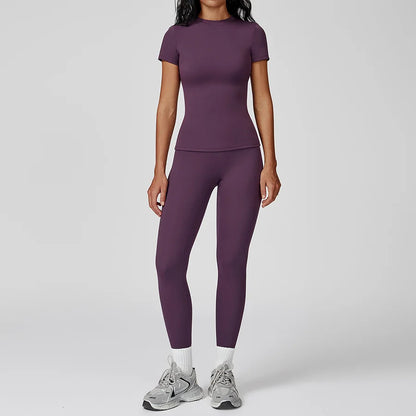 New Yoga Set Two Piece Women Short Sleeve Top with High Waist Leggings Seamless Workout Clothes Patchwork Sport Fitness Gym Sets