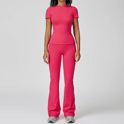 New Yoga Set Two Piece Women Short Sleeve Top with High Waist Leggings Seamless Workout Clothes Patchwork Sport Fitness Gym Sets