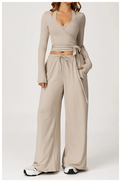 New Women Yoga Set 2/3 Pieces Long sleeves Workout Tracksuit Sportswear Gym Clothing Wide-leg sport pants Fitness Sports Suit