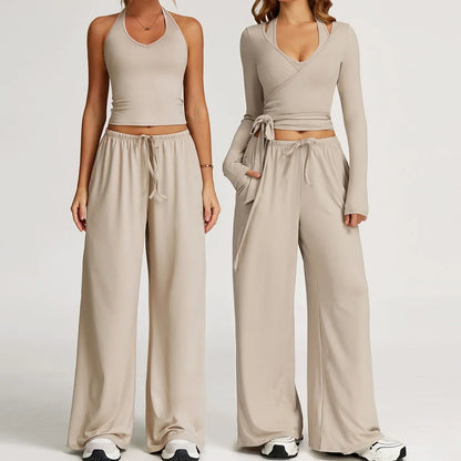 New Women Yoga Set 2/3 Pieces Long sleeves Workout Tracksuit Sportswear Gym Clothing Wide-leg sport pants Fitness Sports Suit