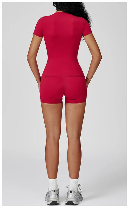 New Yoga Set Two Piece Women Short Sleeve Top with High Waist Leggings Seamless Workout Clothes Patchwork Sport Fitness Gym Sets