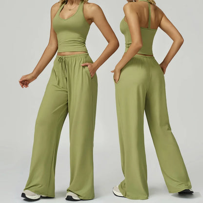 New Women Yoga Set 2/3 Pieces Long sleeves Workout Tracksuit Sportswear Gym Clothing Wide-leg sport pants Fitness Sports Suit