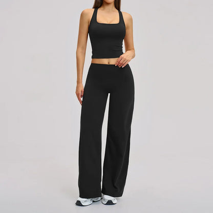 2 Piece Yoga Clothes Women Tracksuit Athletic Wear Pilates Fitness Suit Gym Workout Sets Push Up Sports Vest Wide Leg Pant Suit