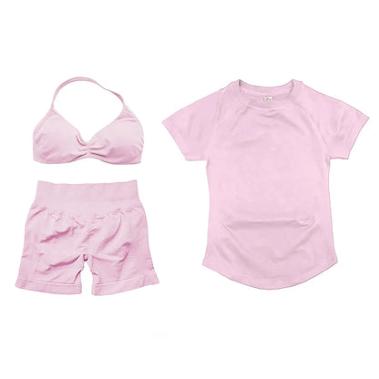3 Pcs Gym Set Woman Short Sleeve Sport T-Shirt & Seamless Scrunch Gym Shorts & Strappy Bra Fitness Workout Suits Gym Clothing