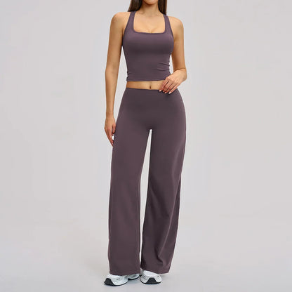 2 Piece Yoga Clothes Women Tracksuit Athletic Wear Pilates Fitness Suit Gym Workout Sets Push Up Sports Vest Wide Leg Pant Suit