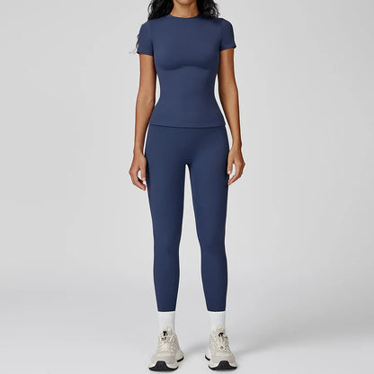 New Yoga Set Two Piece Women Short Sleeve Top with High Waist Leggings Seamless Workout Clothes Patchwork Sport Fitness Gym Sets