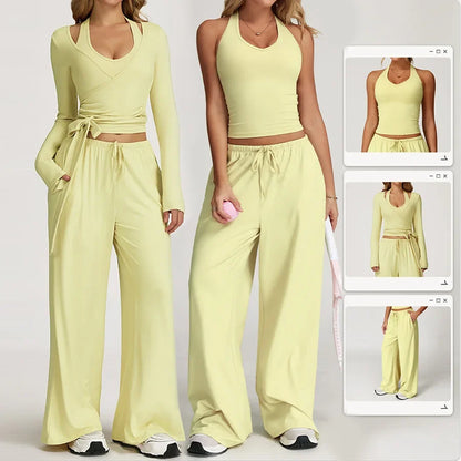 New Women Yoga Set 2/3 Pieces Long sleeves Workout Tracksuit Sportswear Gym Clothing Wide-leg sport pants Fitness Sports Suit