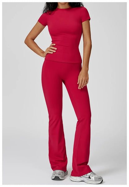 New Yoga Set Two Piece Women Short Sleeve Top with High Waist Leggings Seamless Workout Clothes Patchwork Sport Fitness Gym Sets