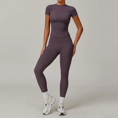 New Yoga Set Two Piece Women Short Sleeve Top with High Waist Leggings Seamless Workout Clothes Patchwork Sport Fitness Gym Sets