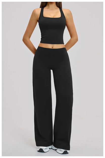 2 Piece Yoga Clothes Women Tracksuit Athletic Wear Pilates Fitness Suit Gym Workout Sets Push Up Sports Vest Wide Leg Pant Suit