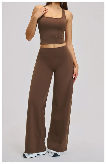 2 Piece Yoga Clothes Women Tracksuit Athletic Wear Pilates Fitness Suit Gym Workout Sets Push Up Sports Vest Wide Leg Pant Suit