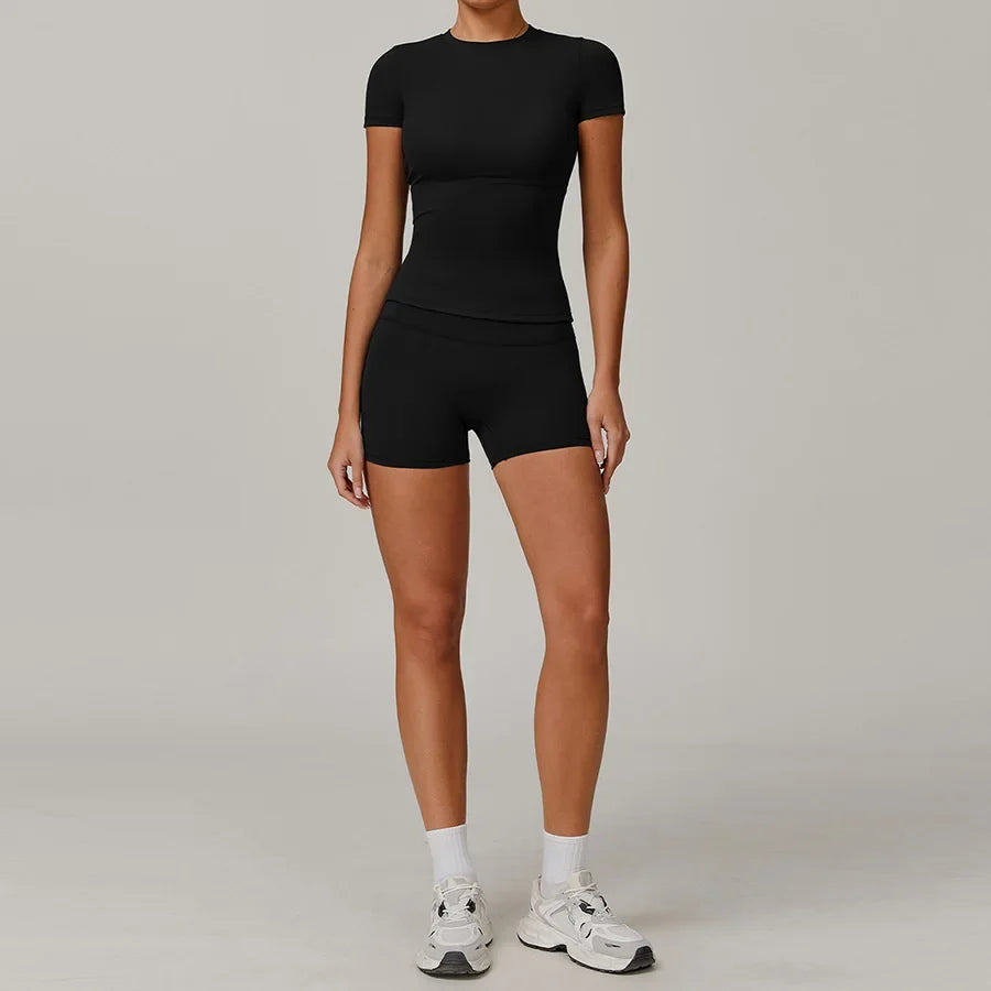 New Yoga Set Two Piece Women Short Sleeve Top with High Waist Leggings Seamless Workout Clothes Patchwork Sport Fitness Gym Sets